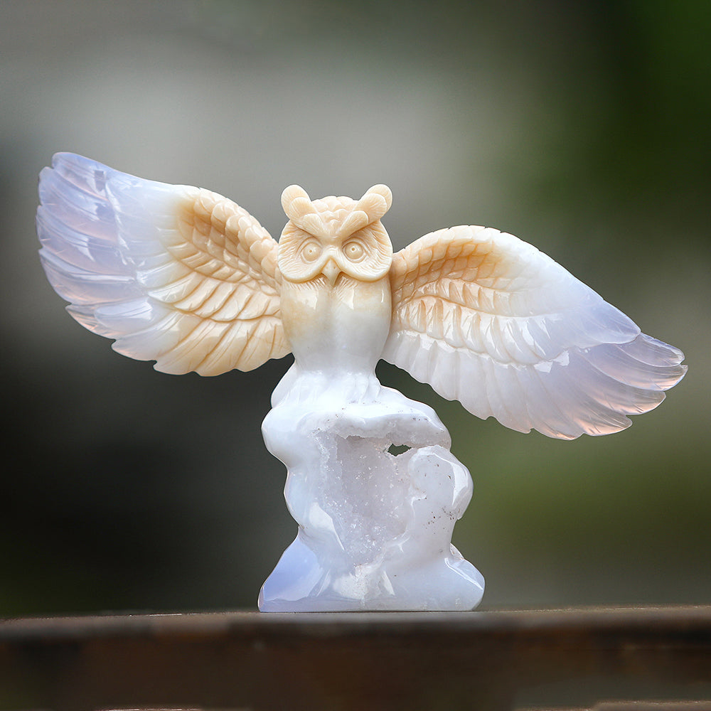 8.3" Blue Chalcedony Owl Carving - Unique Piece #3100342