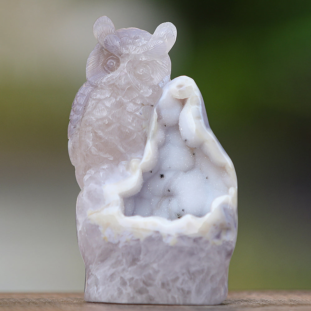 6.0" Geode Agate Owl Carving - Unique Piece #3100344