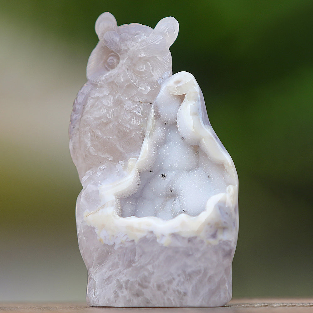 6.0" Geode Agate Owl Carving - Unique Piece #3100344