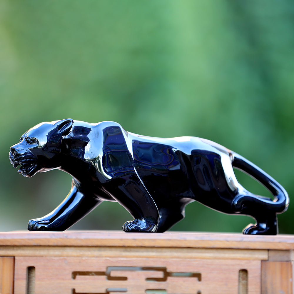 10.8" Obsidian Leopard Carving - Unique Piece #3100362