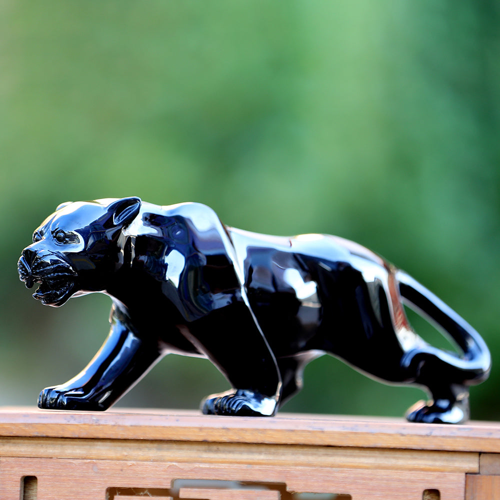 10.8" Obsidian Leopard Carving - Unique Piece #3100362