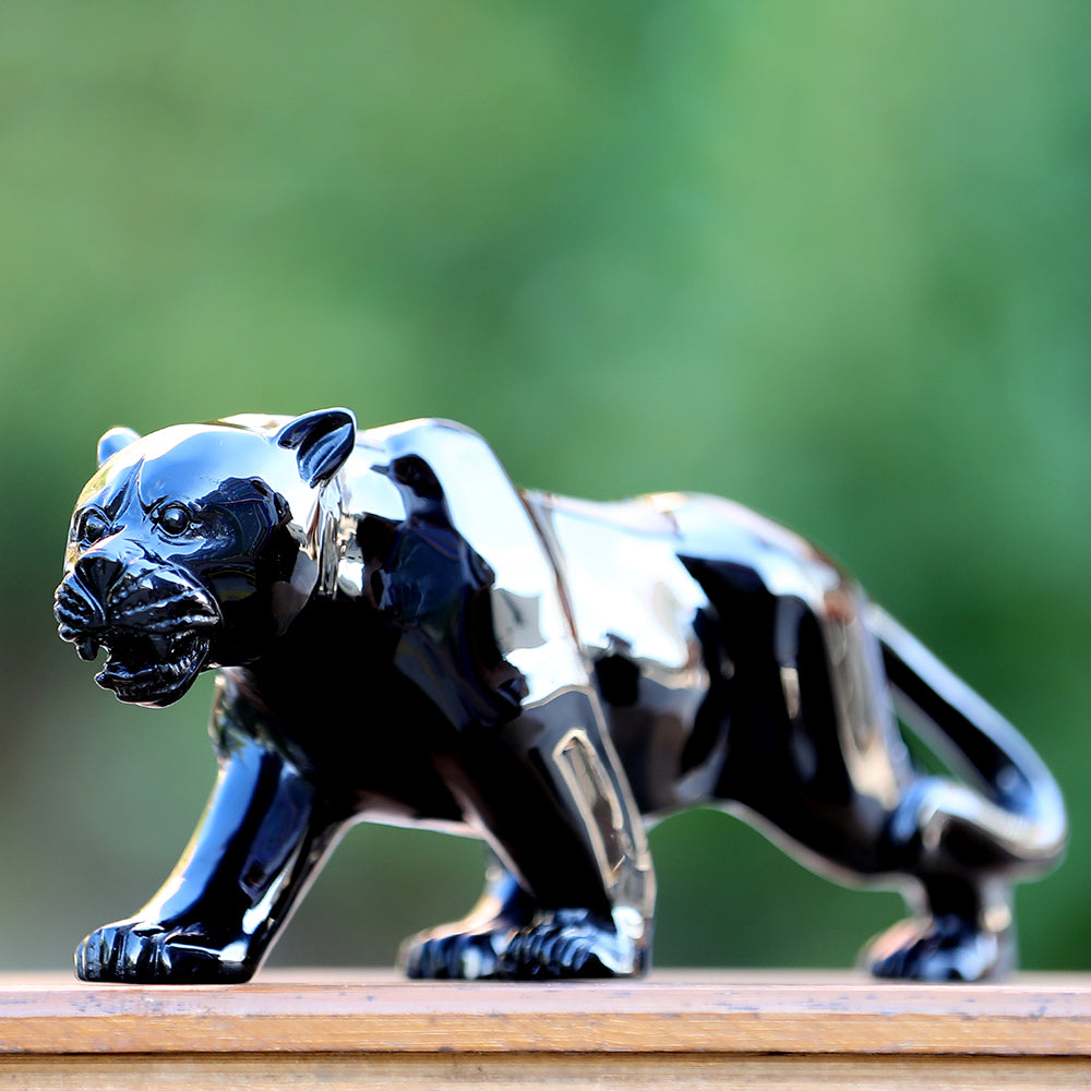 10.8" Obsidian Leopard Carving - Unique Piece #3100362