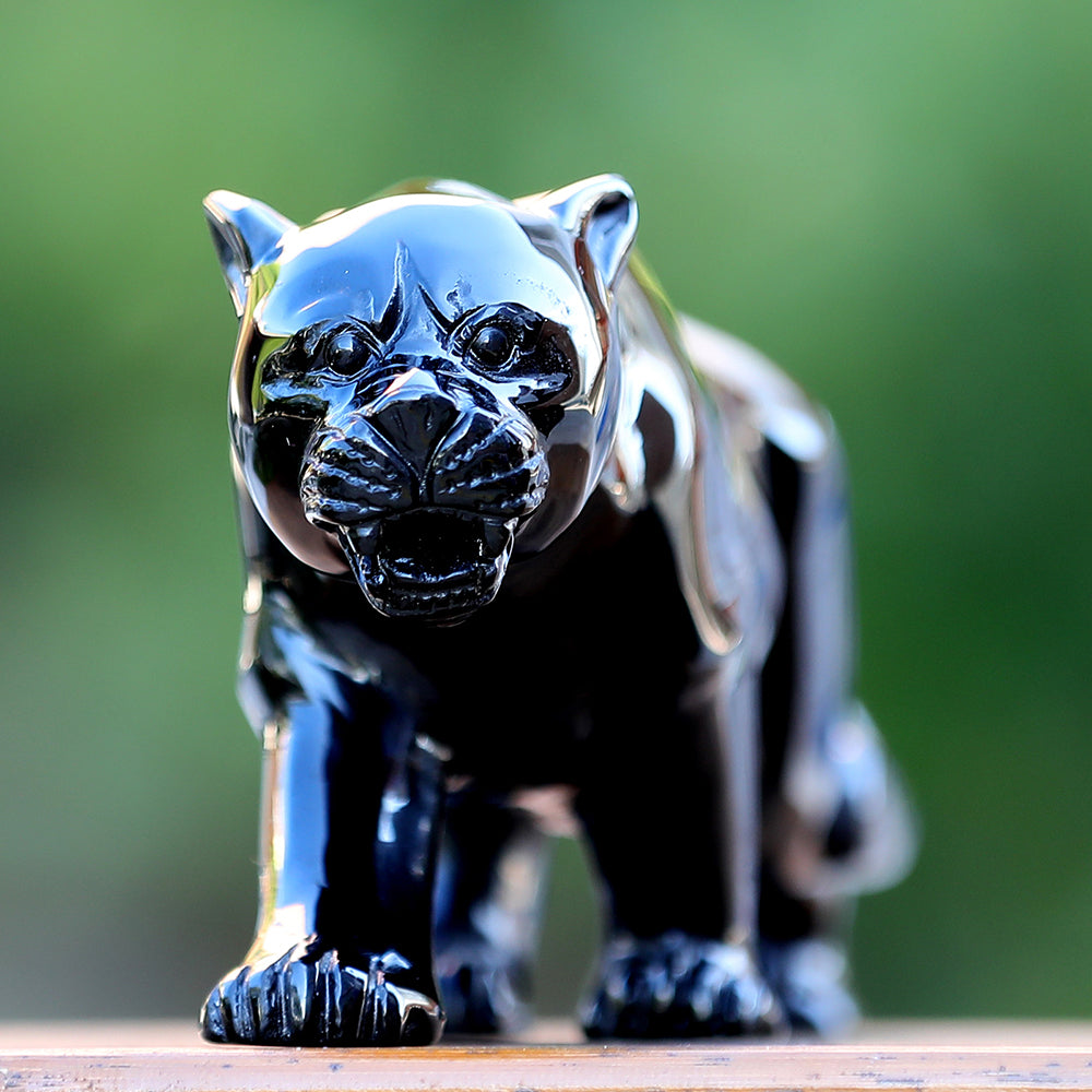 10.8" Obsidian Leopard Carving - Unique Piece #3100362