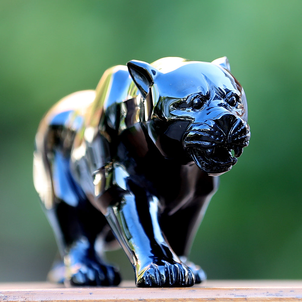 10.8" Obsidian Leopard Carving - Unique Piece #3100362
