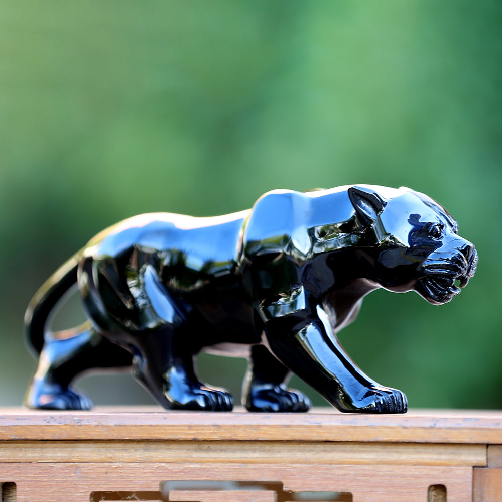 10.8" Obsidian Leopard Carving - Unique Piece #3100362