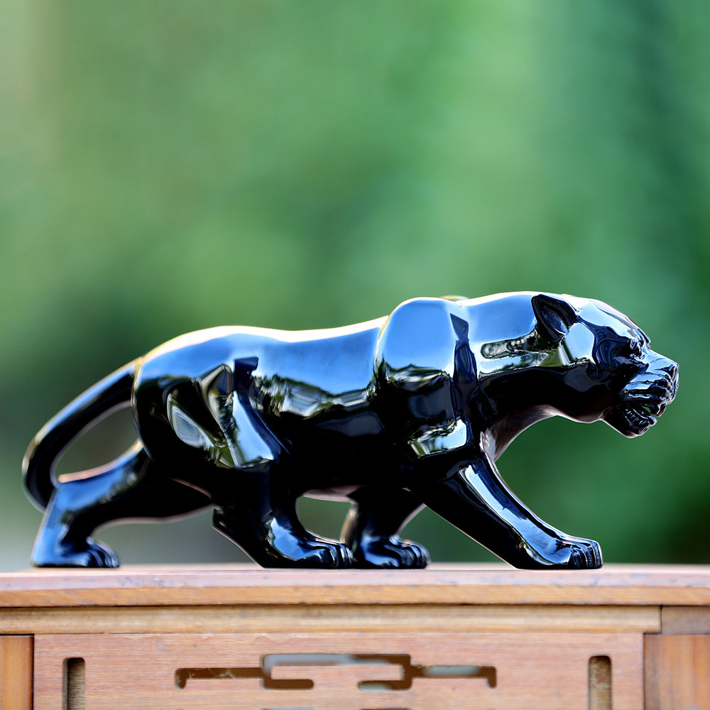 10.8" Obsidian Leopard Carving - Unique Piece #3100362