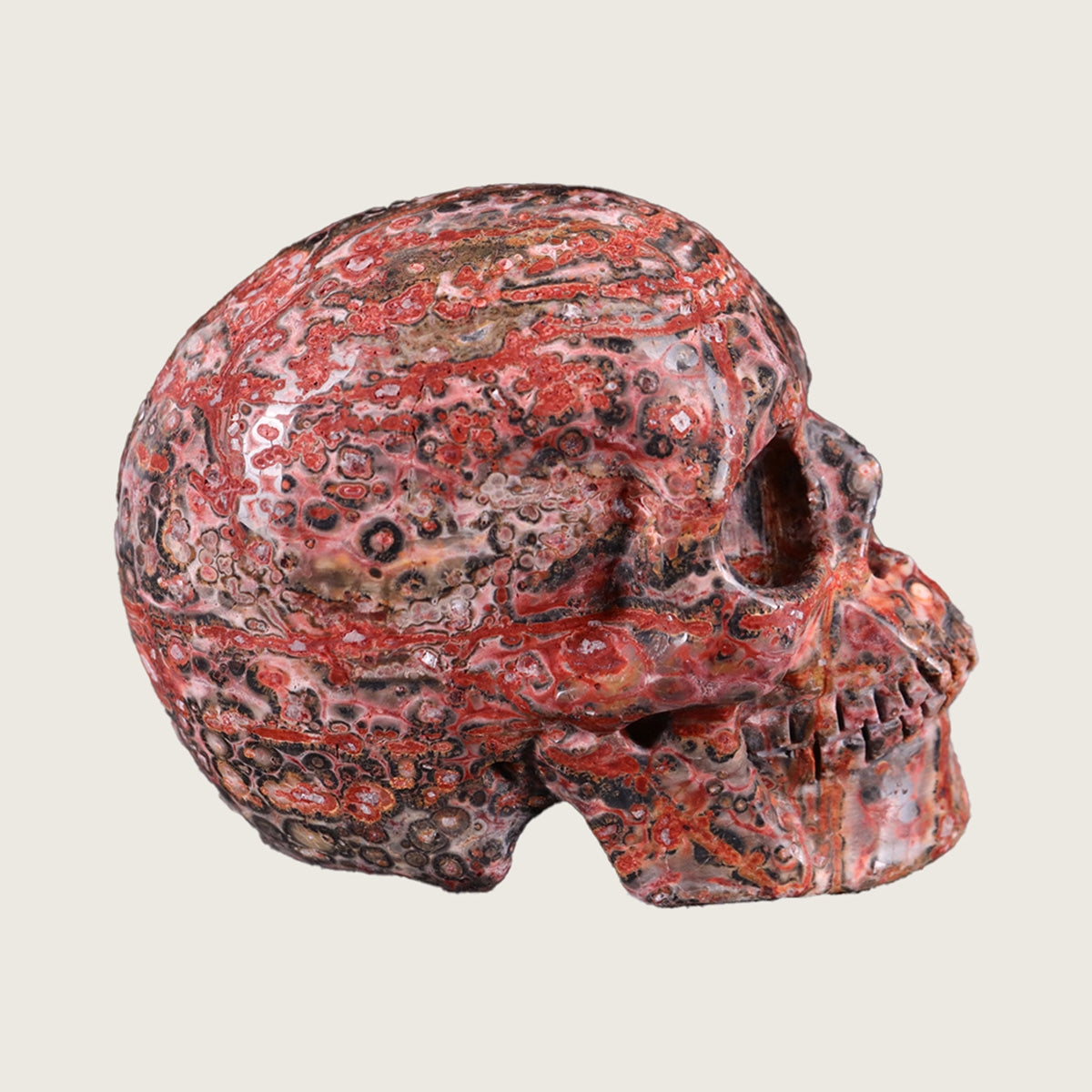 3.0" Red Leopard Skin Human Skull Carving  #SKH30017