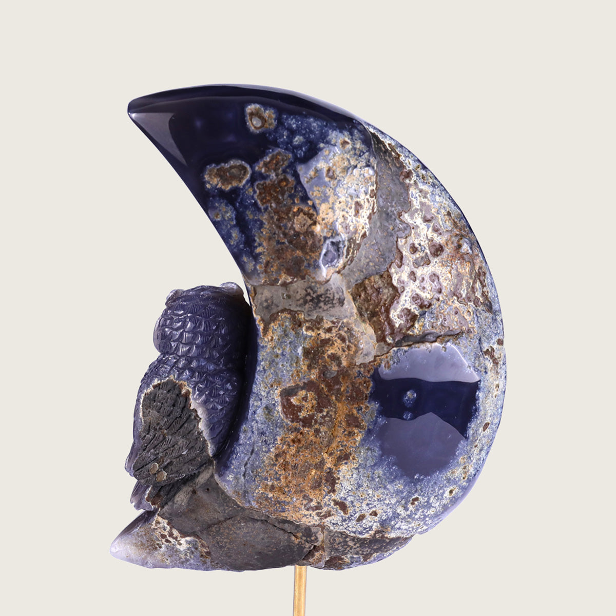 6.1"Druzy Agate Geode Moon and Owl Carving  #GDC0019