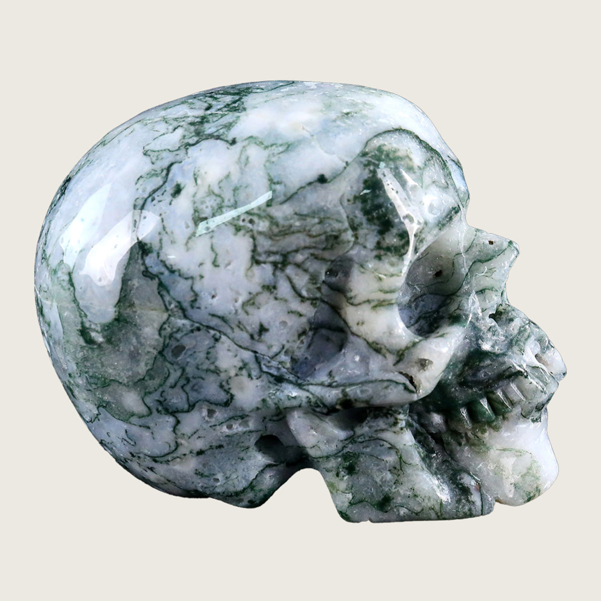 4.5" Moss Agate Human Skull Carving  #SKH45001