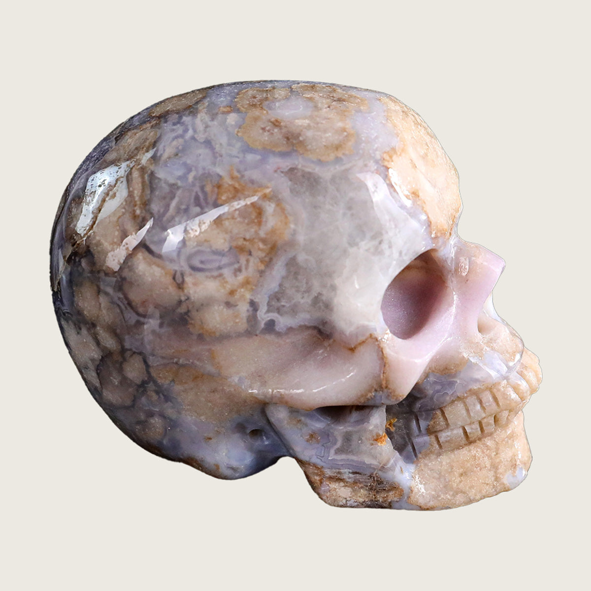 3.0" Blue Flower Agate Human Skull Carving  #SKH30009