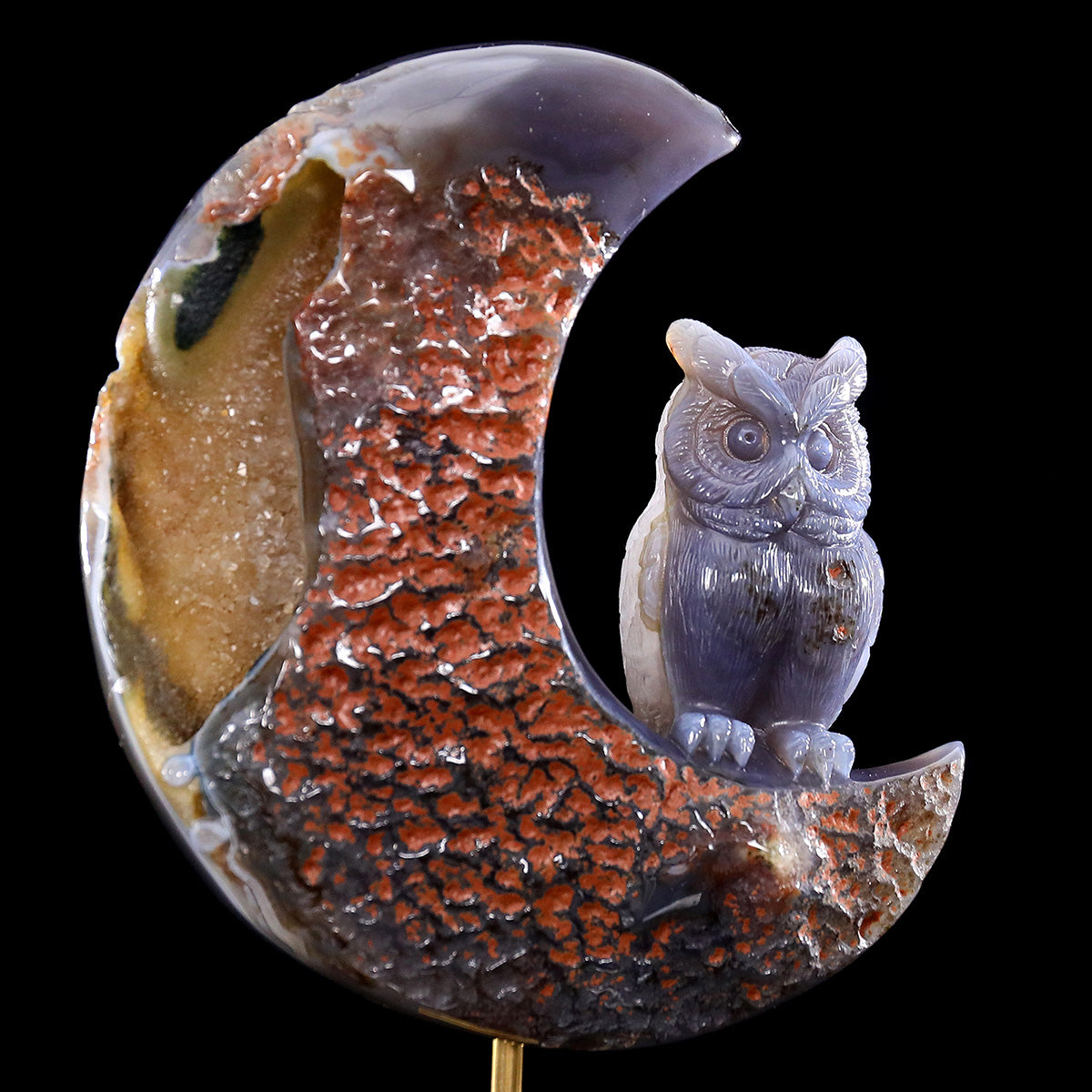 5.9"Geode Agate Moon and Owl Carving  #GDC0030