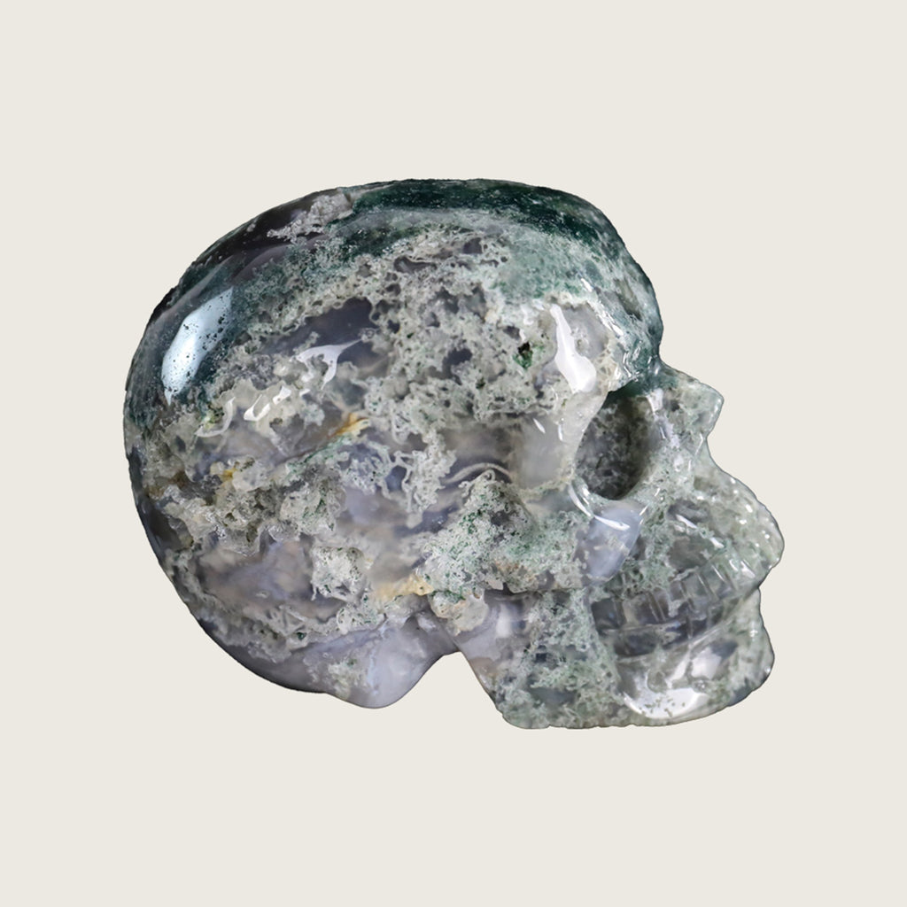 3.0" Moss Agate Crystal Skull Carving  #SKH30048