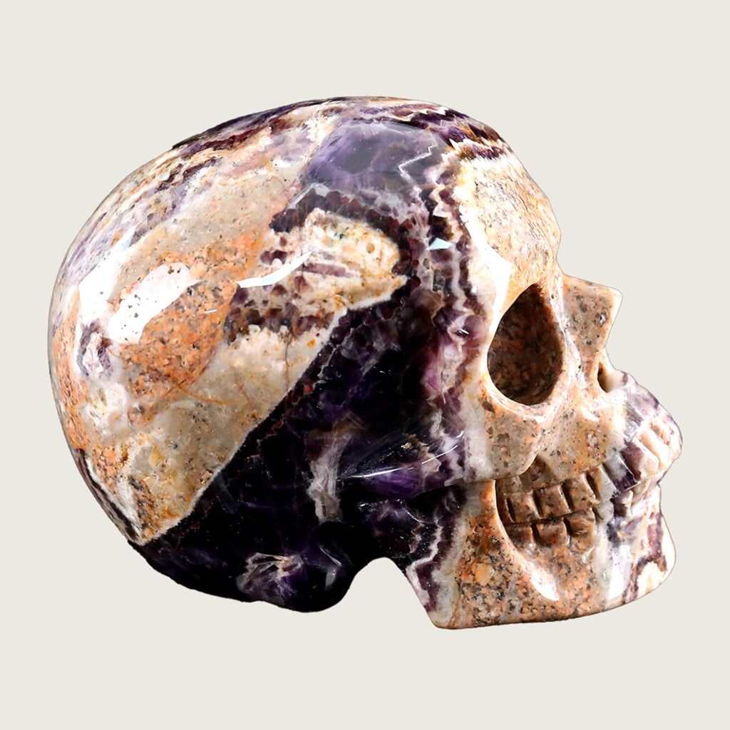 4.5" Chevron Amethyst Human Skull Carving  #SKH45002