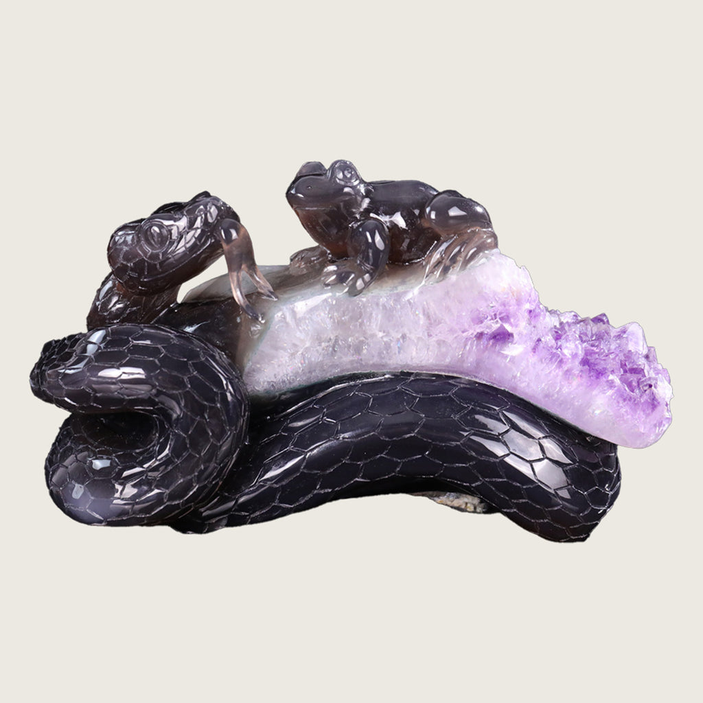 7.0"Amethyst Druse Agate Snake & Frog Carving  #GDC0018