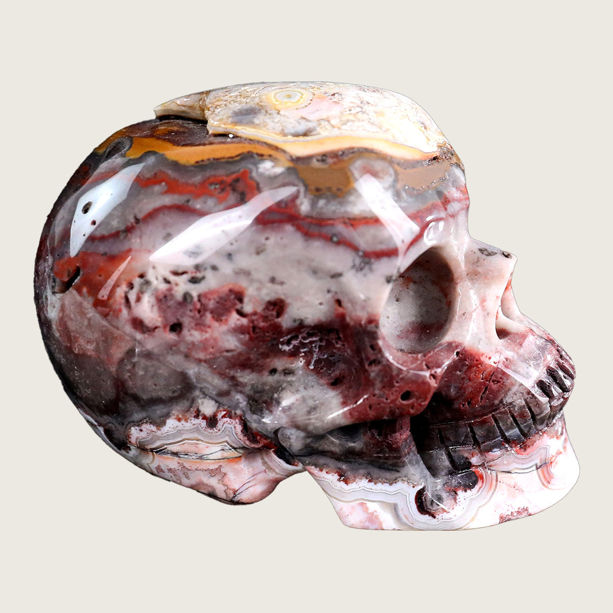 3.0" Red Crazy Lace Crystal Skull Carving  #SKHRC3001