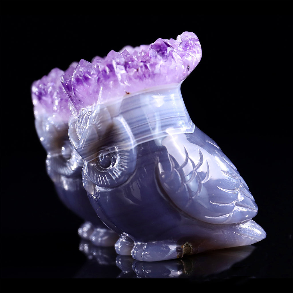 3.0" Amethyst Druzy Pair of Owls Carving  #GDC0029