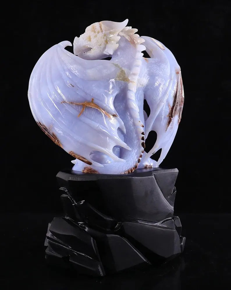 8.5" Blue Chalcedony Dragon with Orb  #CTC0083