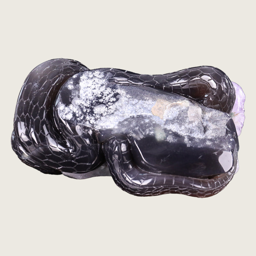 7.0"Amethyst Druse Agate Snake & Frog Carving  #GDC0018