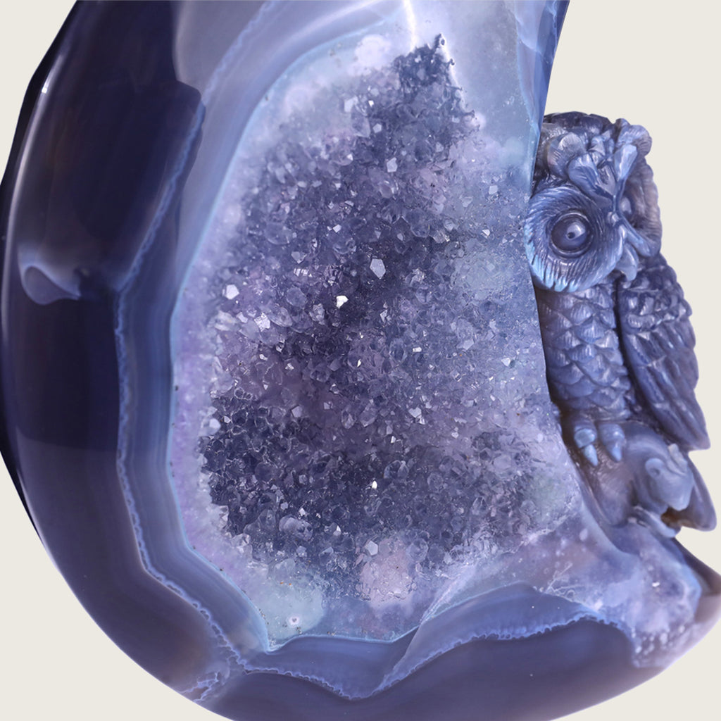 6.1"Druzy Agate Geode Moon and Owl Carving  #GDC0019