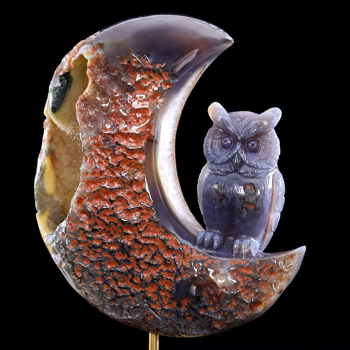 5.9"Geode Agate Moon and Owl Carving  #GDC0030