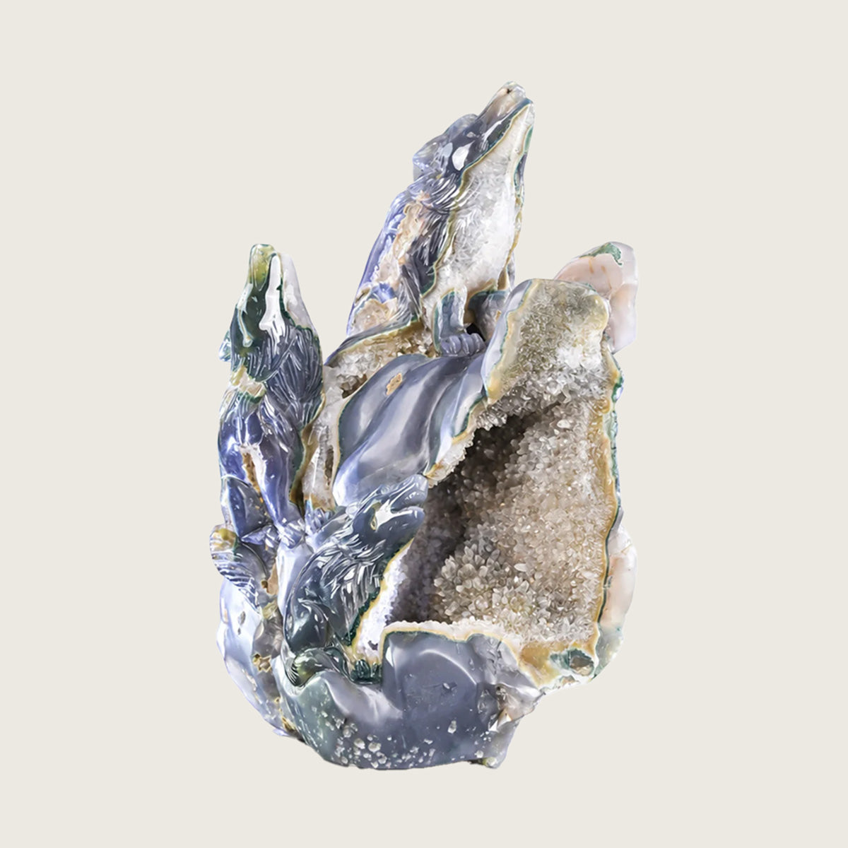 5.8"Druzy Agate Geode Wolf Family Carving  #GDC0022