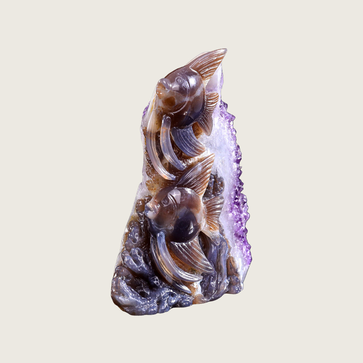 6.1" Amethyst Druse Agate Fishes Carving  #GDC0015