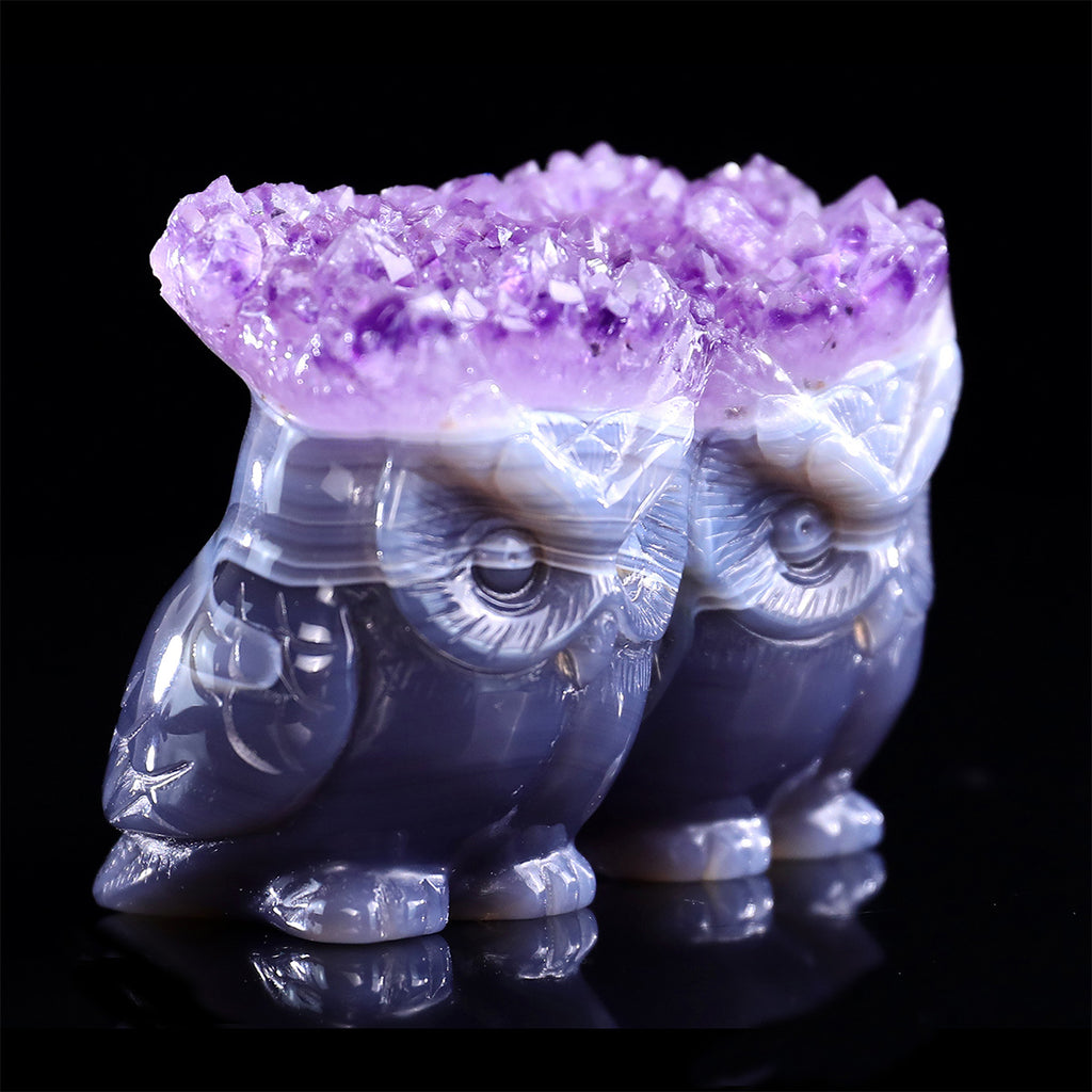 3.0" Amethyst Druzy Pair of Owls Carving  #GDC0029