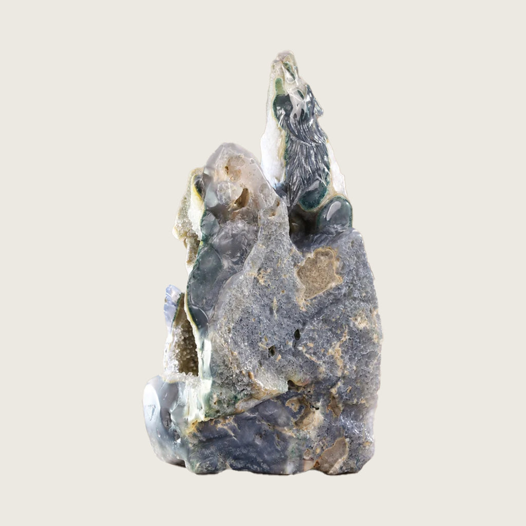 5.8"Druzy Agate Geode Wolf Family Carving  #GDC0022