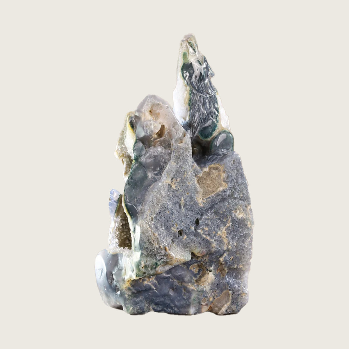 5.8"Druzy Agate Geode Wolf Family Carving  #GDC0022