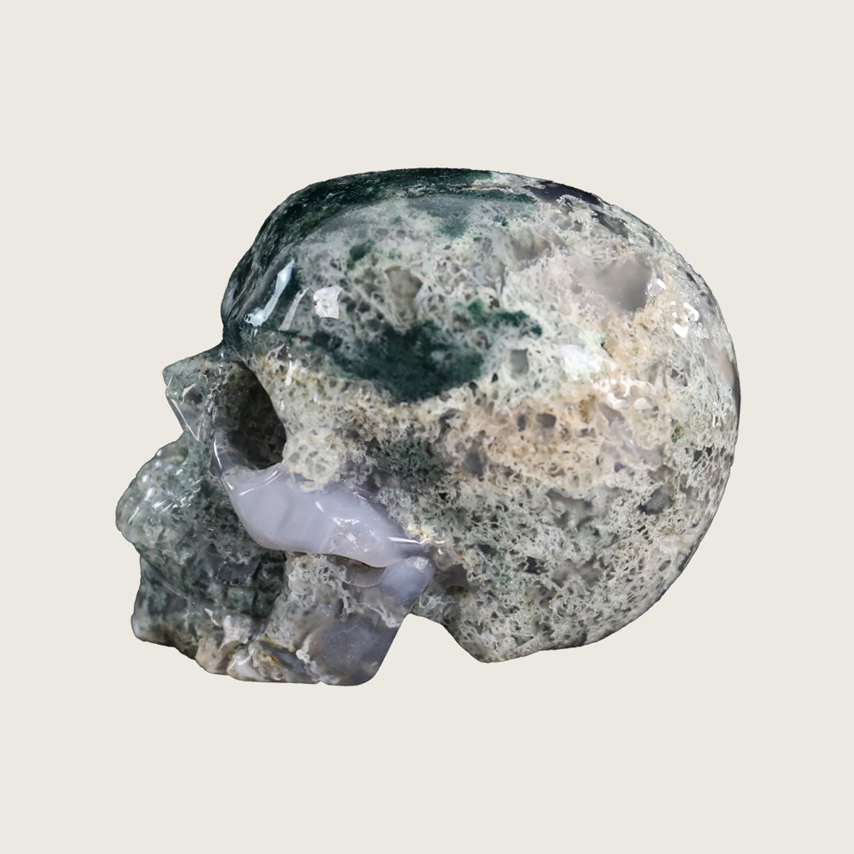 3.0" Moss Agate Crystal Skull Carving  #SKH30048