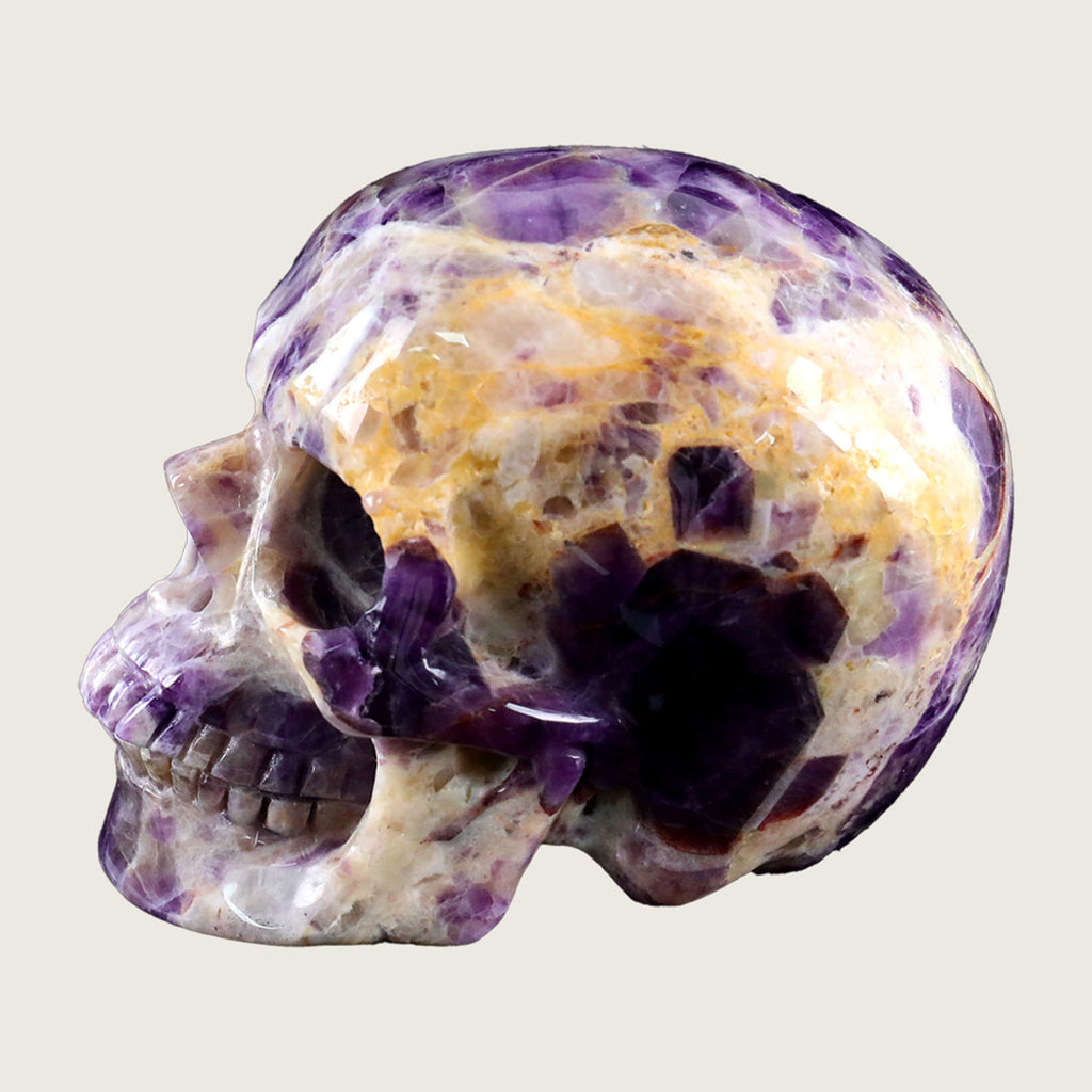 4.5" Chevron Amethyst Human Skull Carving  #SKH45003