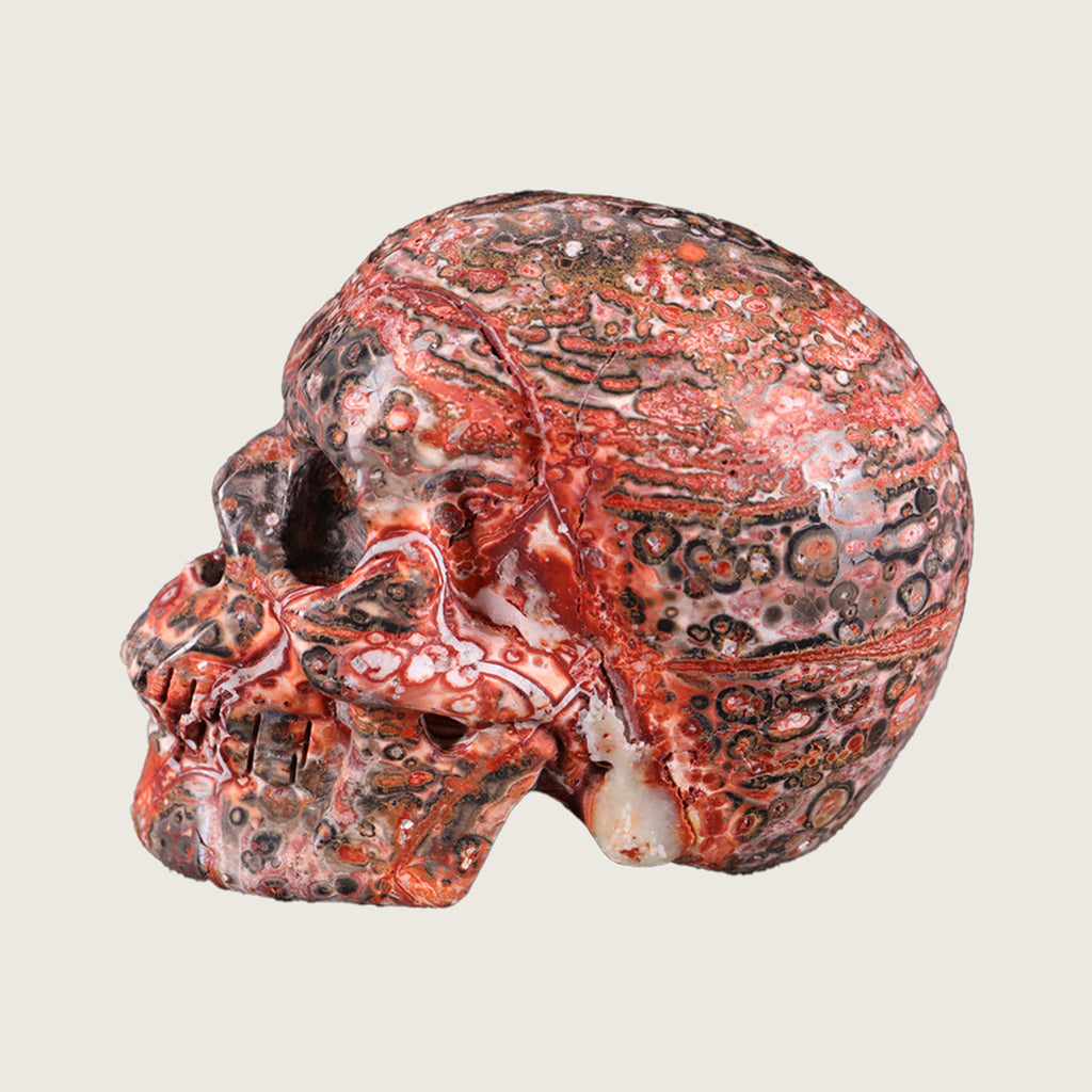 3.0" Red Leopard Skin Human Skull Carving  #SKH30017