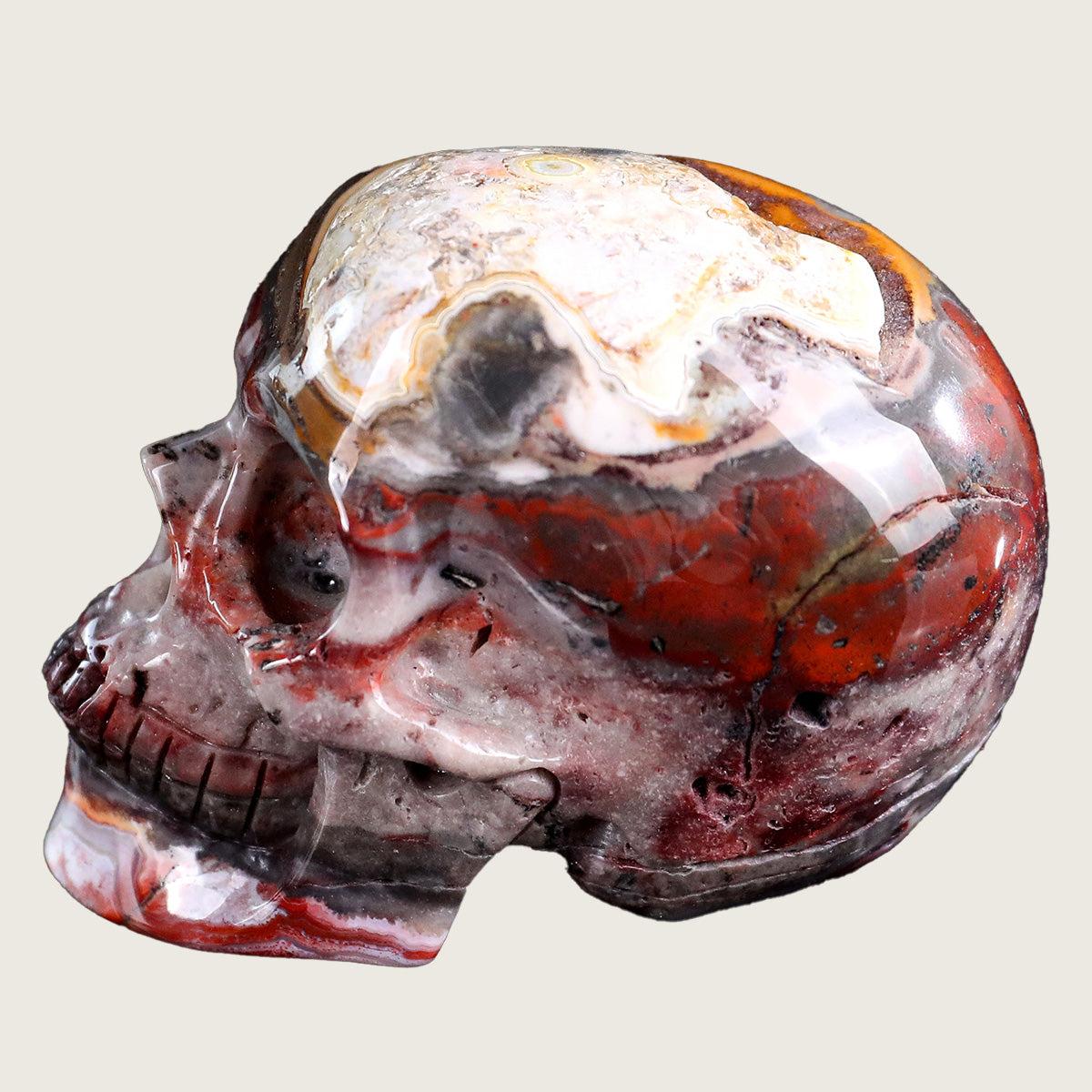 3.0" Red Crazy Lace Crystal Skull Carving  #SKHRC3001