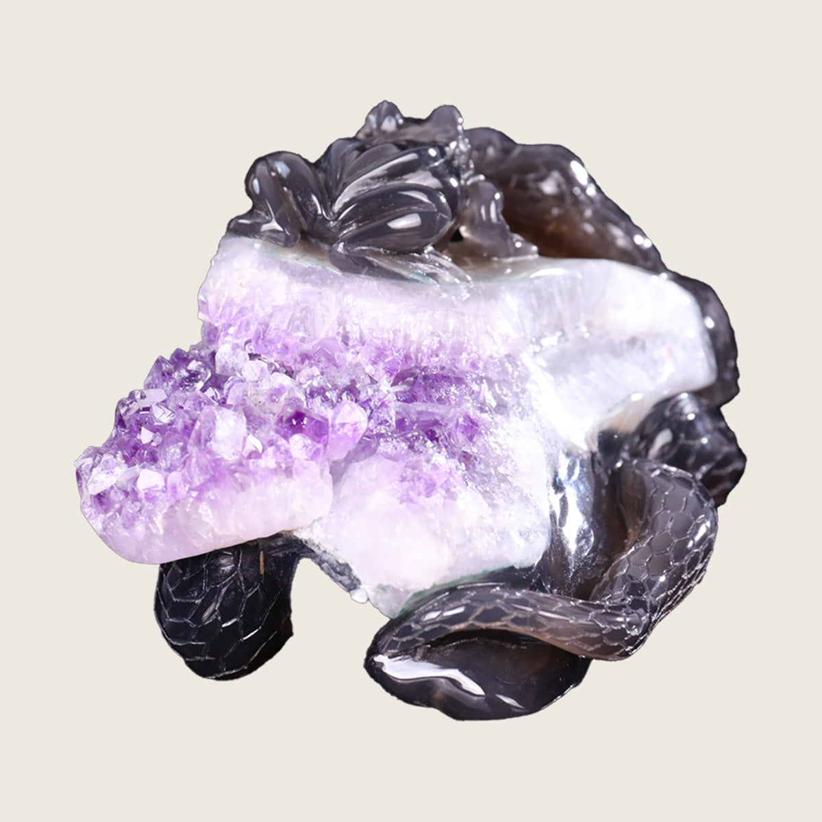 7.0"Amethyst Druse Agate Snake & Frog Carving  #GDC0018