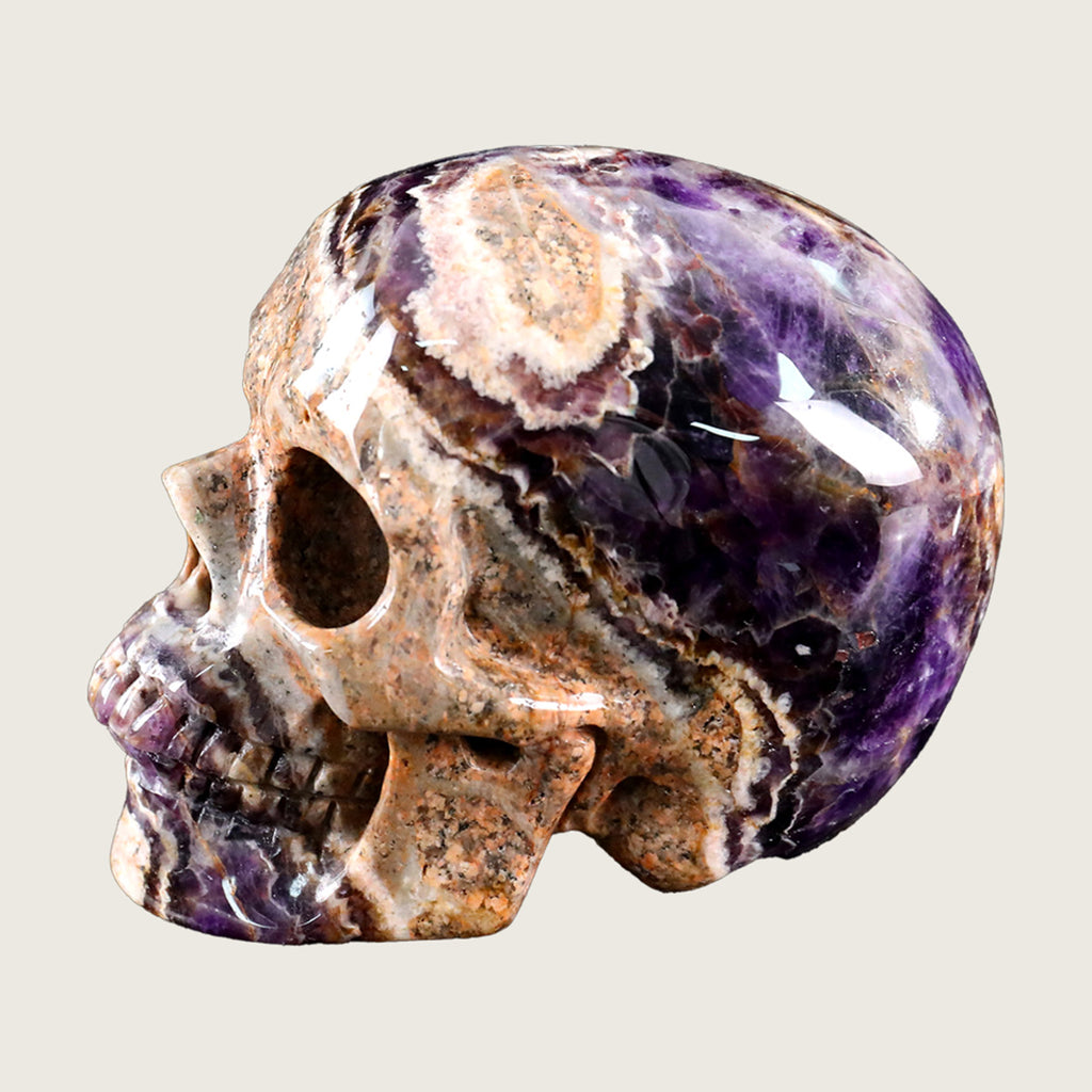 4.5" Chevron Amethyst Human Skull Carving  #SKH45002