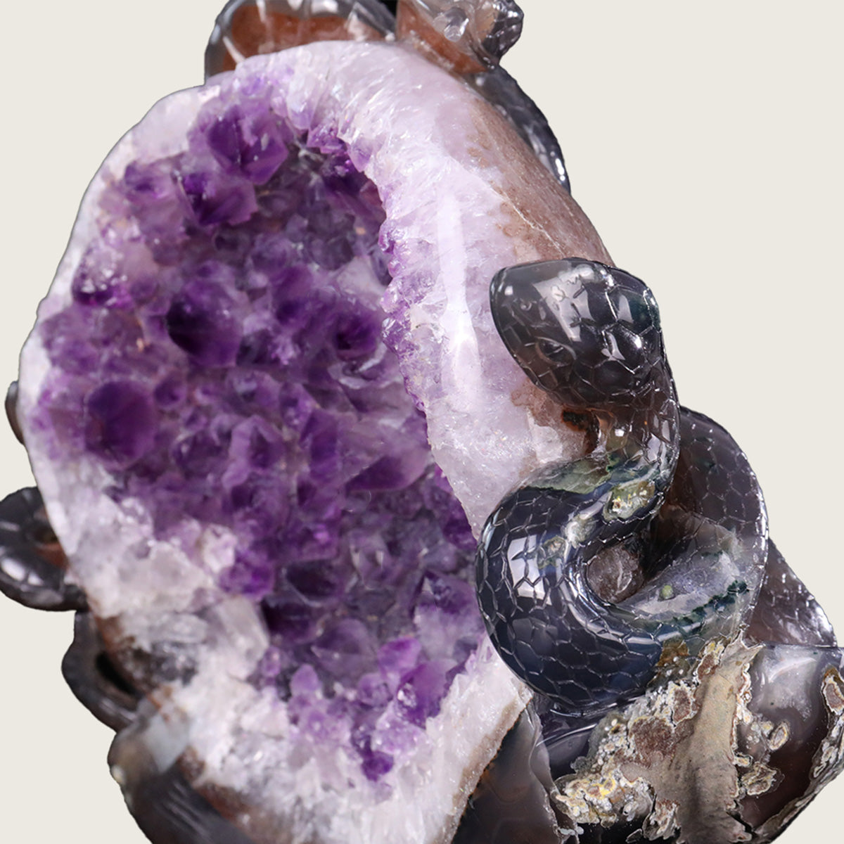 8.0"Amethyst Druse Agate Three-Headed Snake Carving  #GDC0017