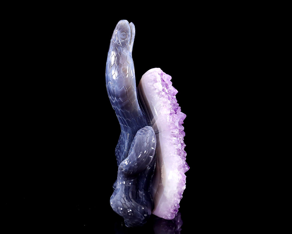 7.5" Amethyst Druse Agate Crystal Snake Sculpture: Hand Carved Decor