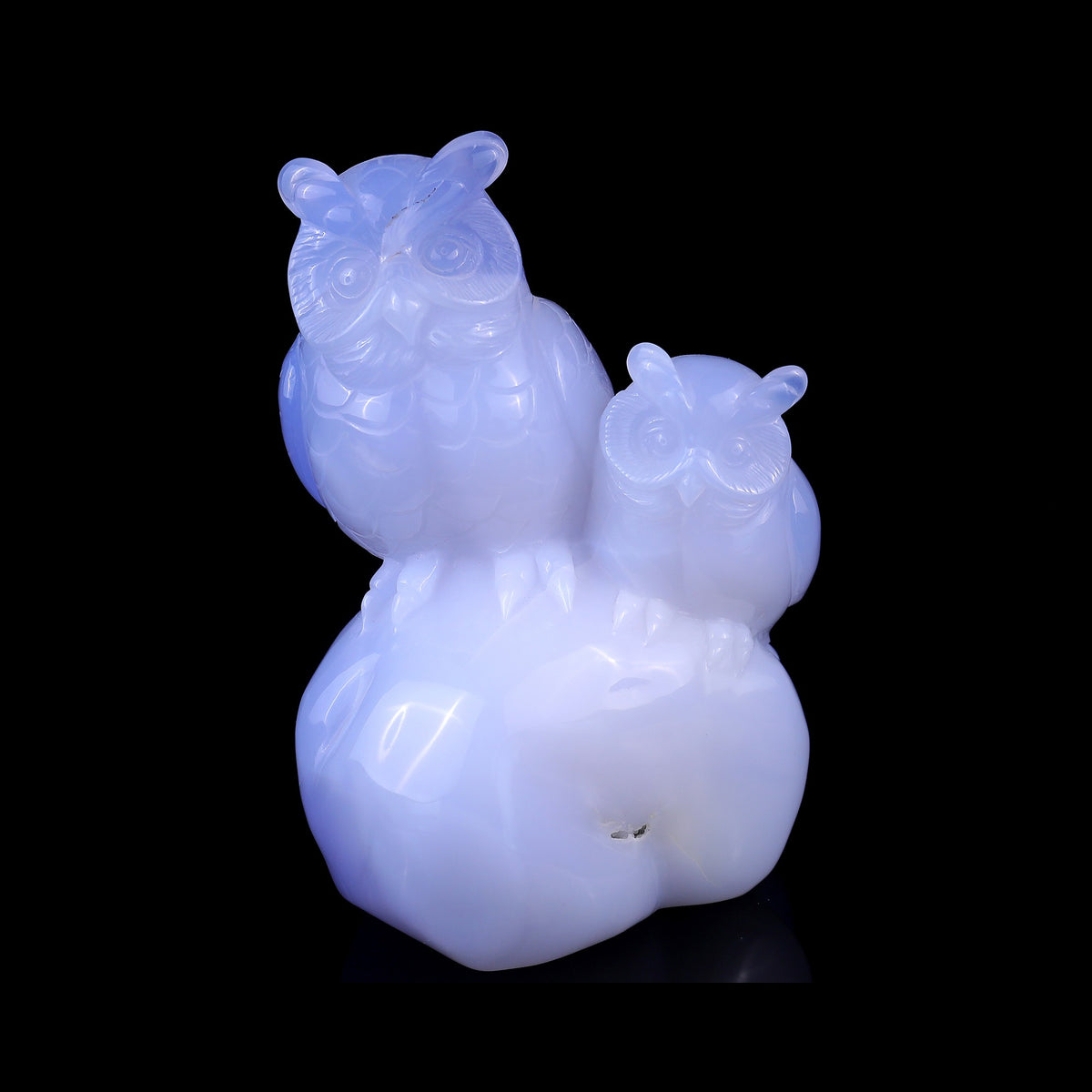 6.5" Blue Chalcedony Mother & Baby Owl Carving  #CTC0073