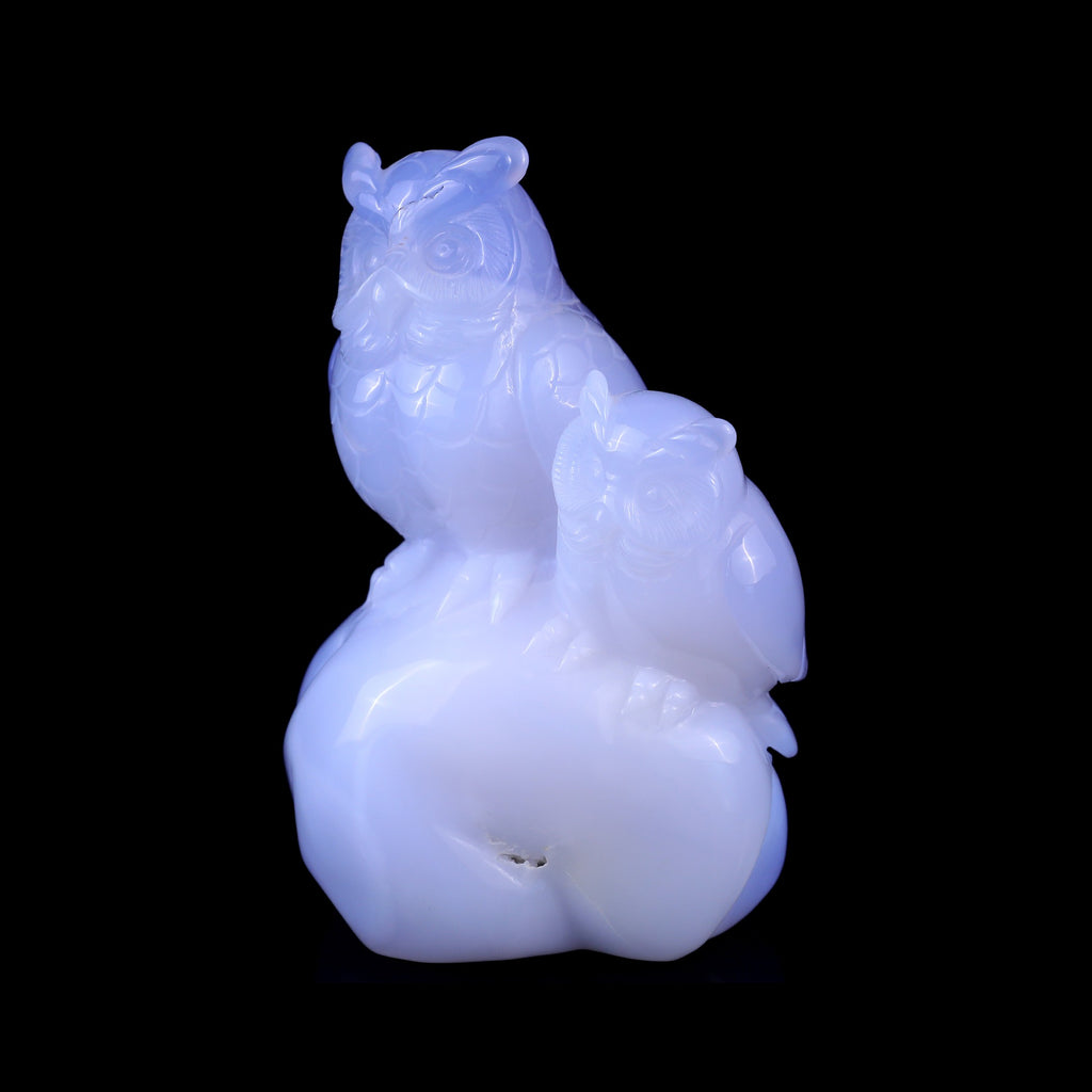 6.5" Blue Chalcedony Mother & Baby Owl Carving  #CTC0073
