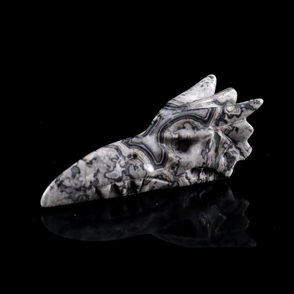 3.0" Black Crazy Agate Phoenix Skull Carving  #CSC0042