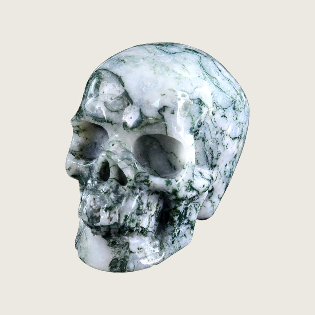 4.5" Moss Agate Human Skull Carving  #SKH45001