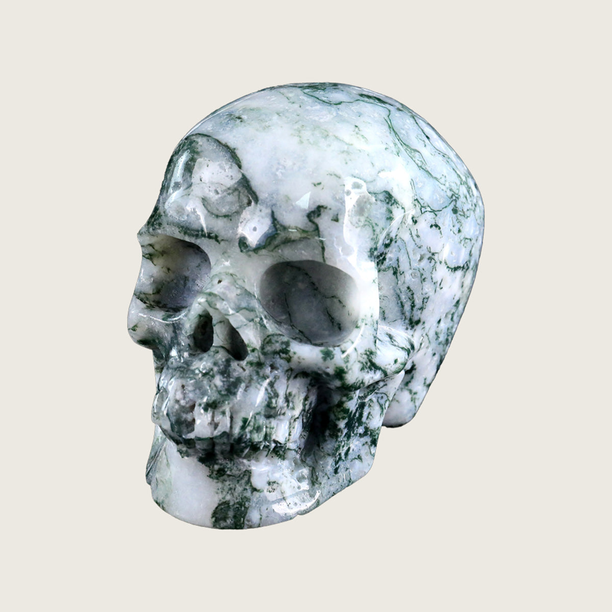 4.5" Moss Agate Human Skull Carving  #SKH45001