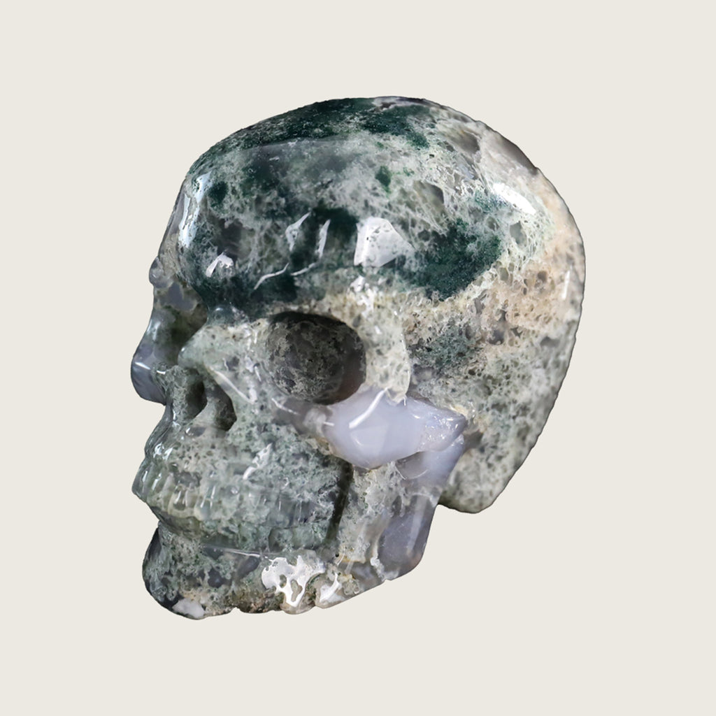 3.0" Moss Agate Crystal Skull Carving  #SKH30048