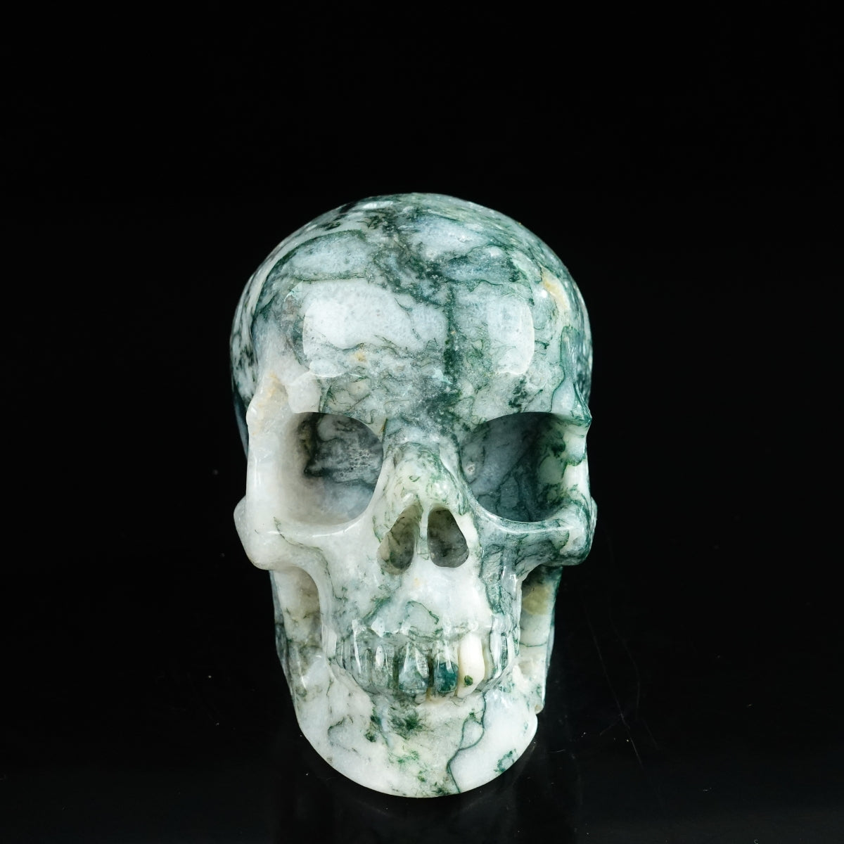 4.5" Moss Agate Crystal Skull Carving - Unique Piece #MA01