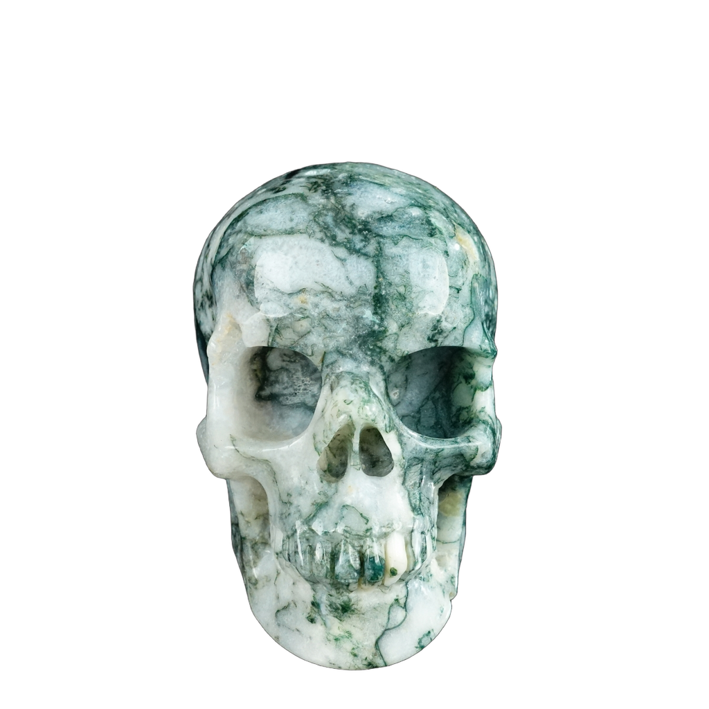 4.5" Moss Agate Crystal Skull Carving - Unique Piece #MA01