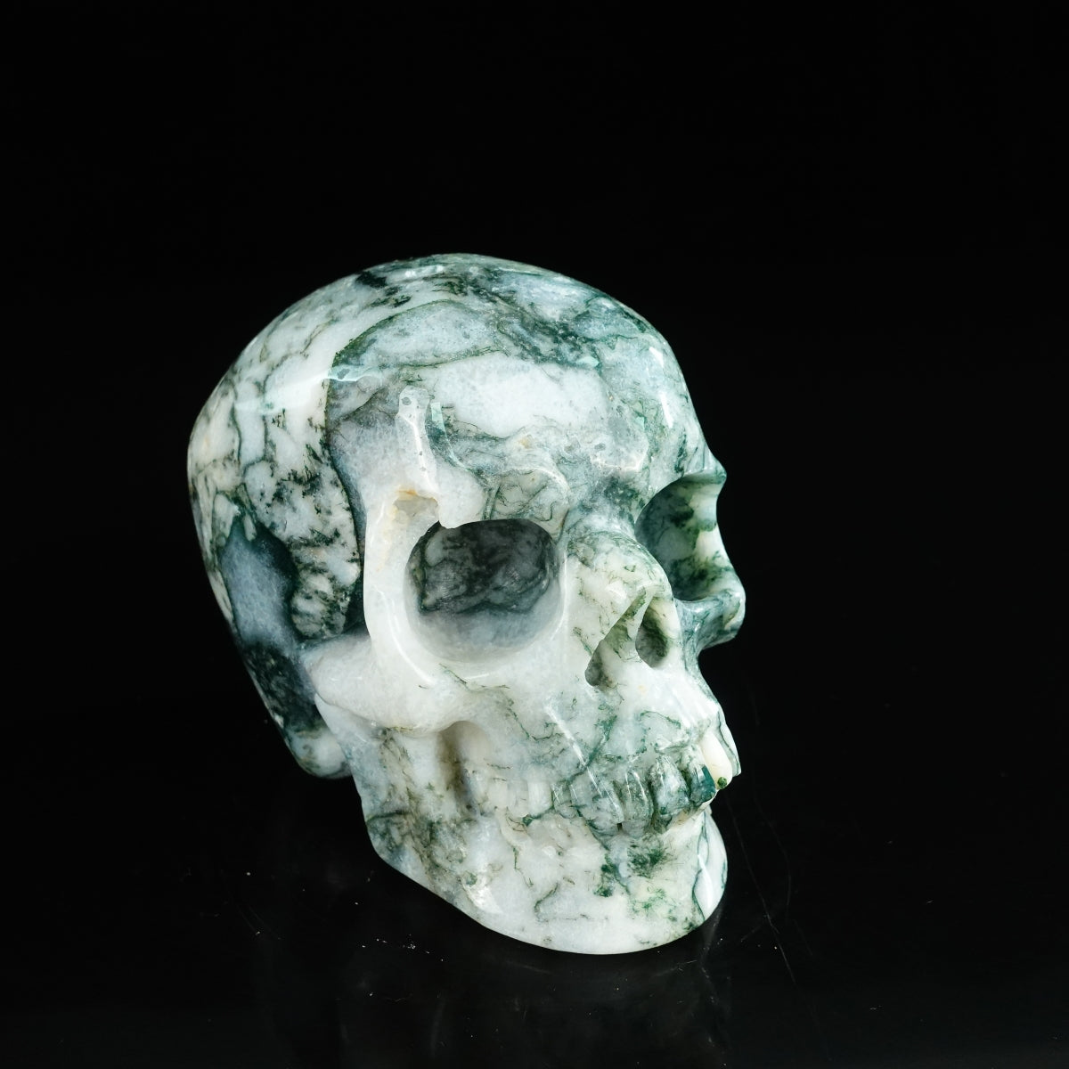4.5" Moss Agate Crystal Skull Carving - Unique Piece #MA01