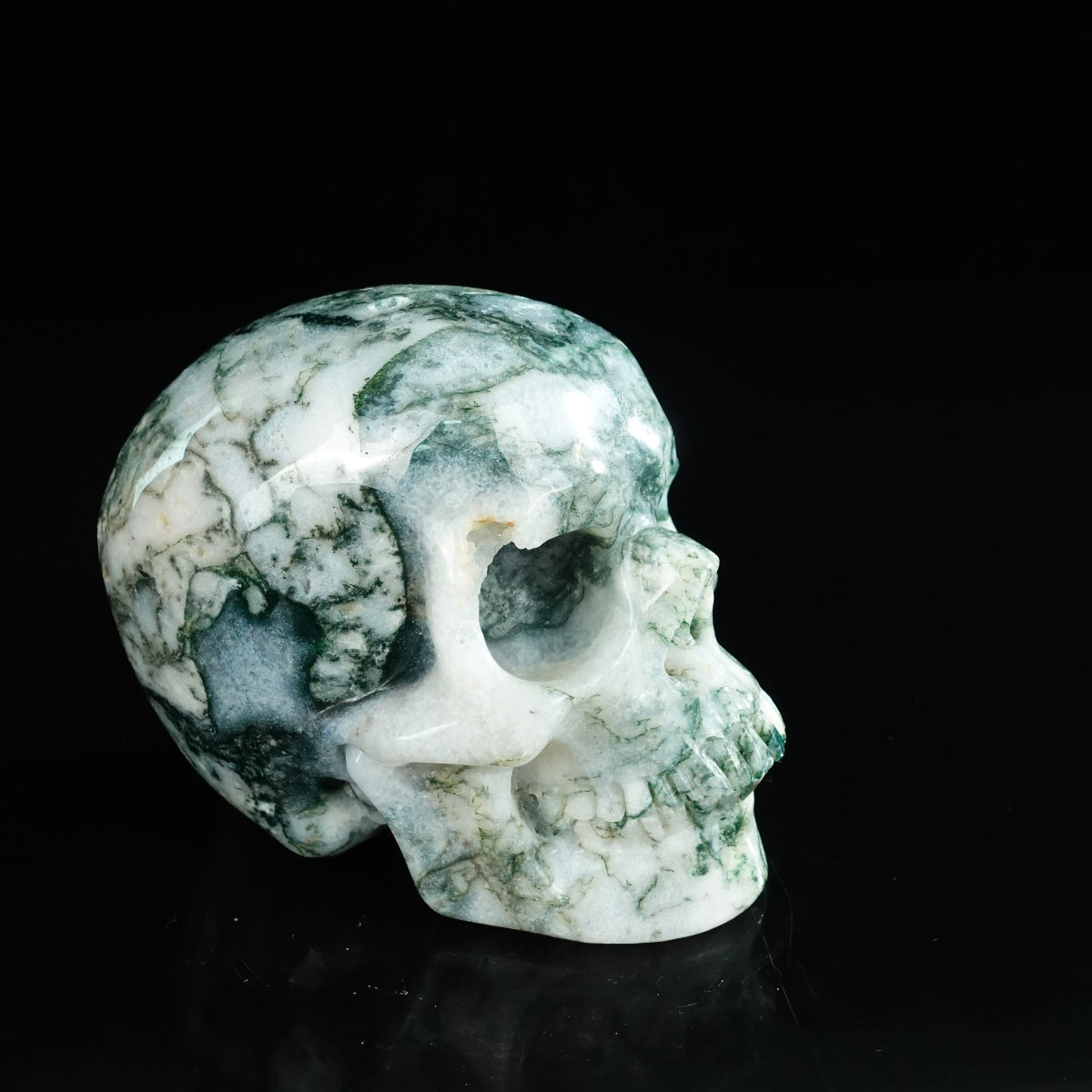 4.5" Moss Agate Crystal Skull Carving - Unique Piece #MA01