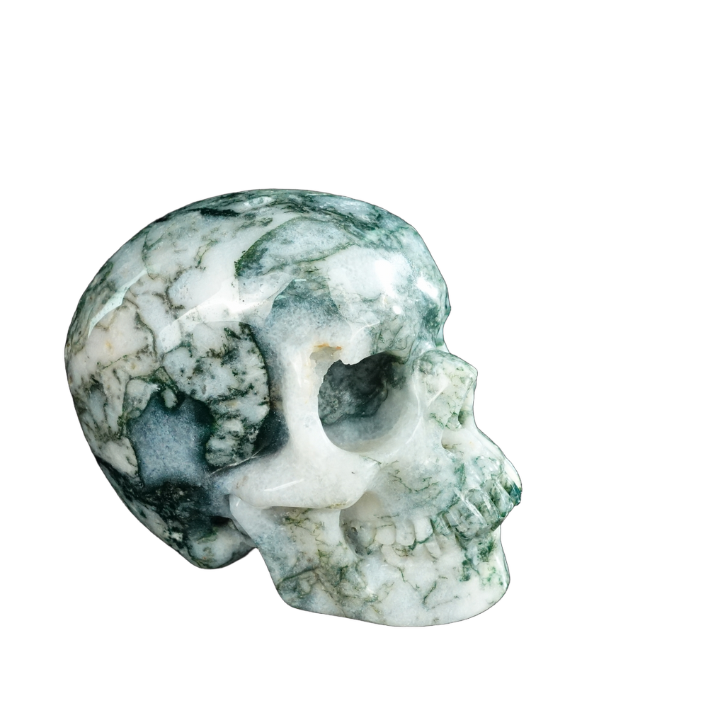 4.5" Moss Agate Crystal Skull Carving - Unique Piece #MA01