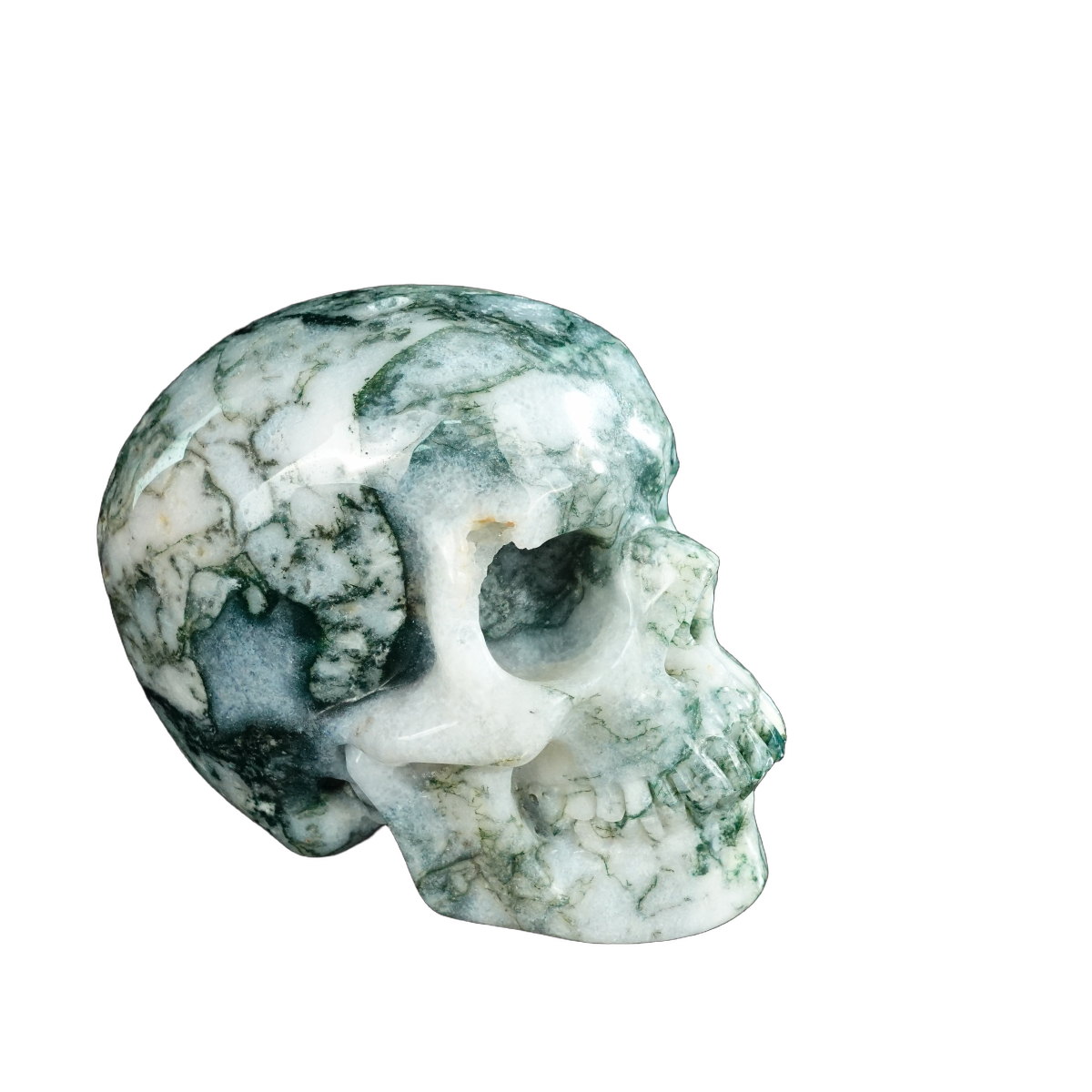 4.5" Moss Agate Crystal Skull Carving - Unique Piece #MA01