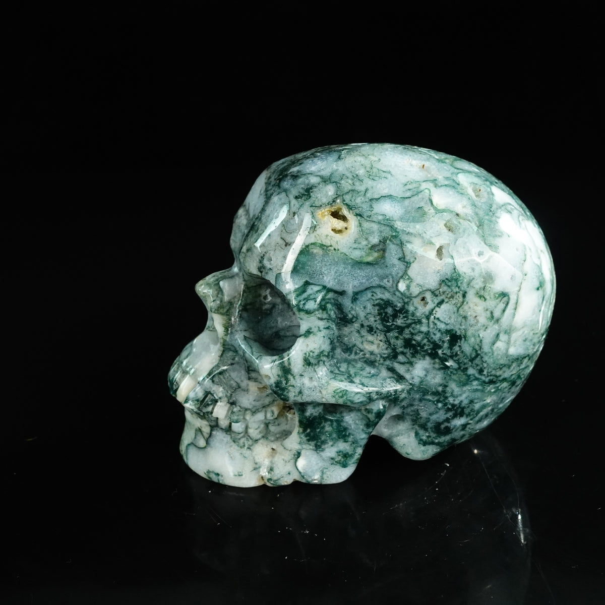 4.5" Moss Agate Crystal Skull Carving - Unique Piece #MA01